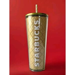 NWT STARBUCKS 2024 HOLIDAY METALLIC GOLD QUILTED 24oz VENTI TUMBLER COLD CUP